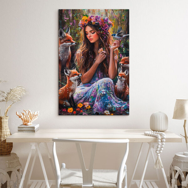 Peinture d'une femme tenant des fleurs et des oiseaux Peinture d'une femme tenant des fleurs et des oiseaux