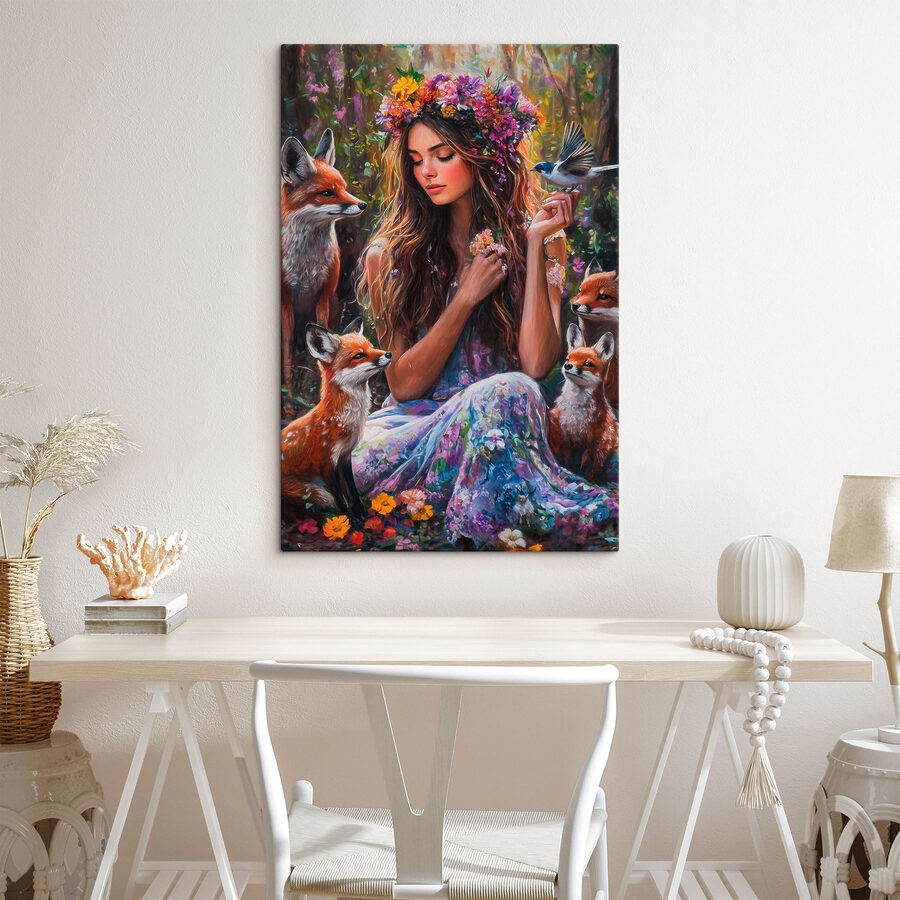 Peinture d'une femme tenant des fleurs et des oiseaux Peinture d'une femme tenant des fleurs et des oiseaux