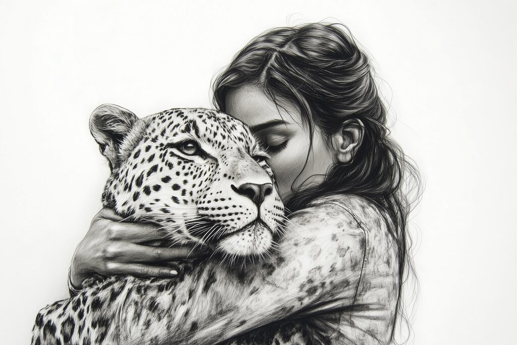 Drawing of a woman hugging a leopard