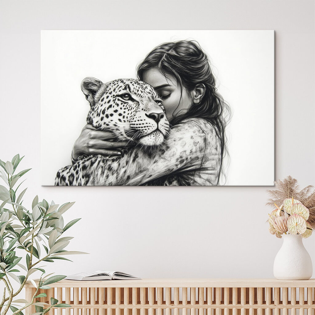 Drawing of a woman hugging a leopard