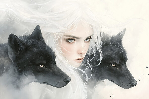 Femme aux cheveux blancs et deux loups Femme aux cheveux blancs et deux loups