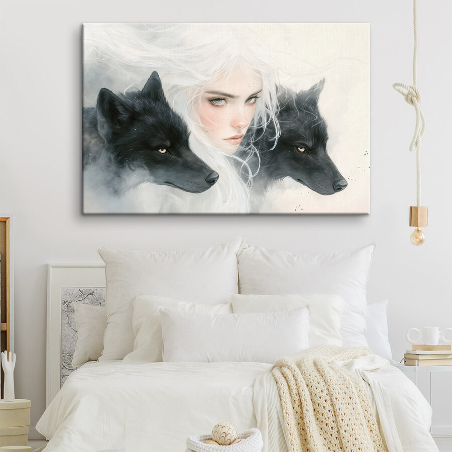 Femme aux cheveux blancs et deux loups