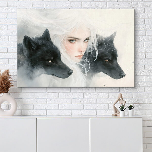 Femme aux cheveux blancs et deux loups Femme aux cheveux blancs et deux loups