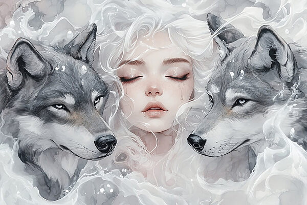 Femme aux cheveux blancs et deux loups Femme aux cheveux blancs et deux loups