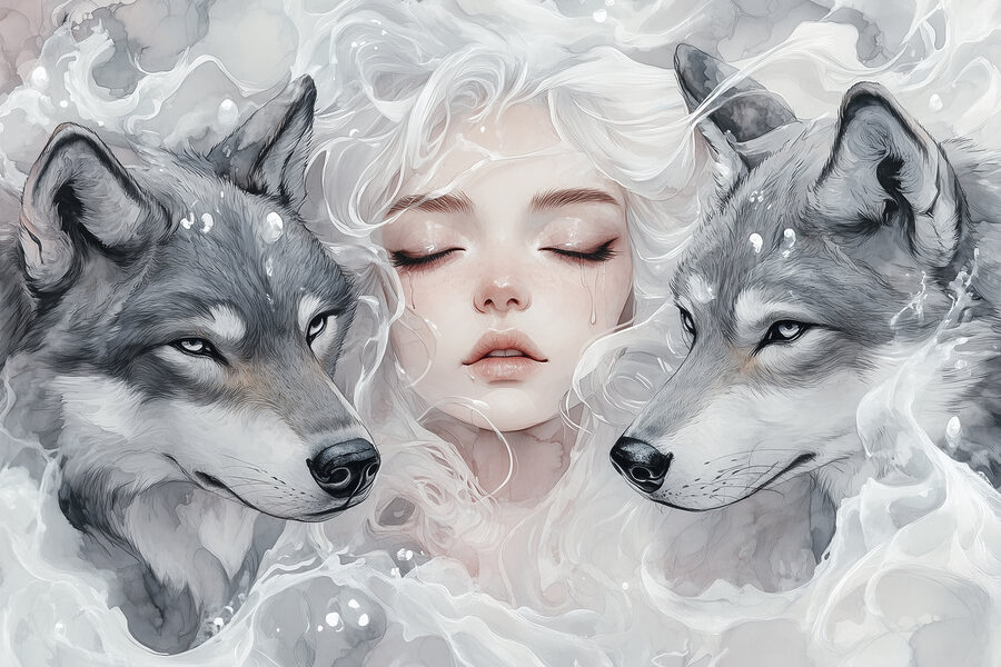 Femme aux cheveux blancs et deux loups Femme aux cheveux blancs et deux loups