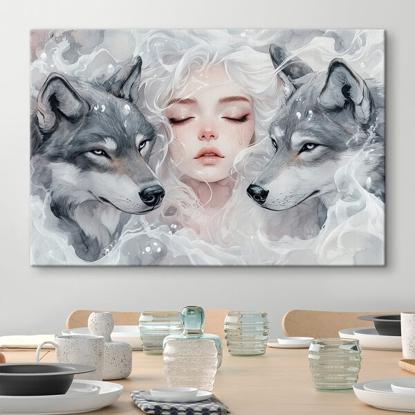 Femme aux cheveux blancs et deux loups Femme aux cheveux blancs et deux loups