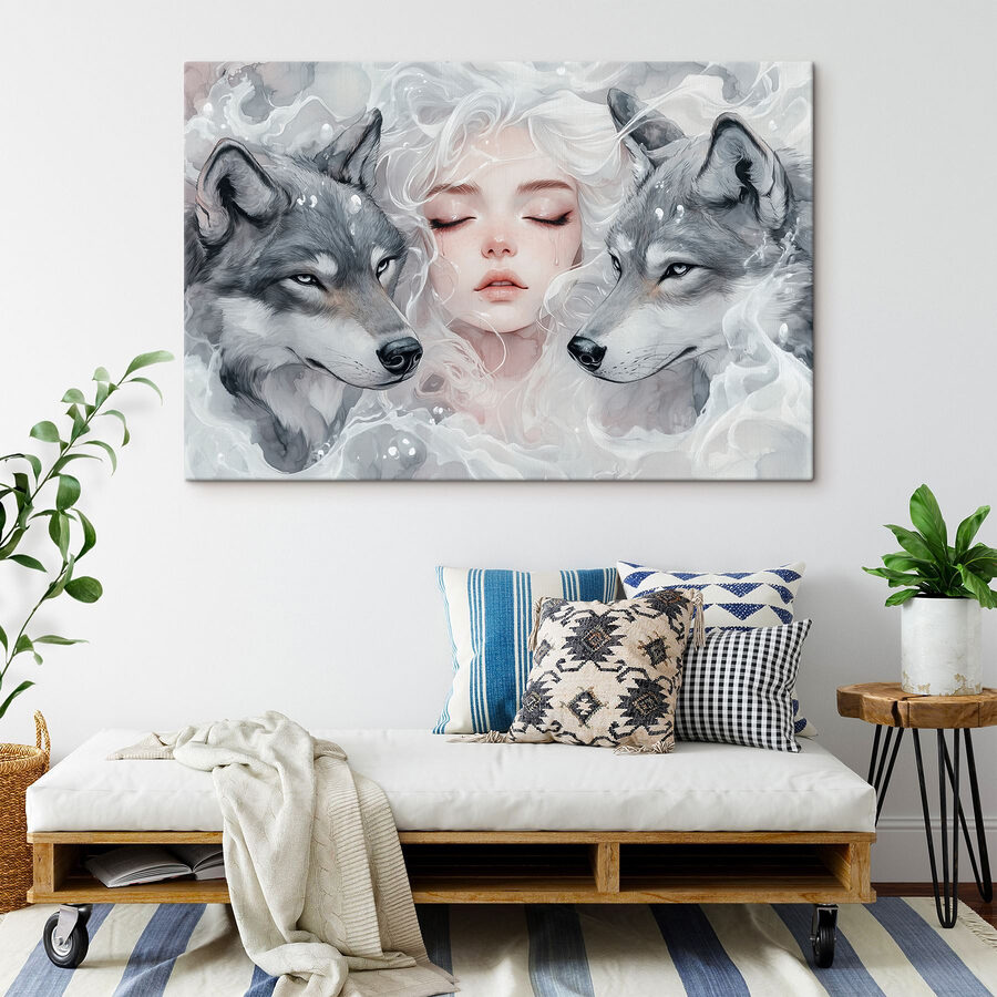 Femme aux cheveux blancs et deux loups Femme aux cheveux blancs et deux loups