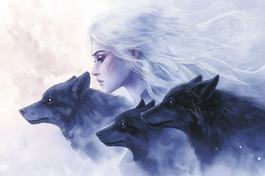 Femme aux cheveux blancs et loups