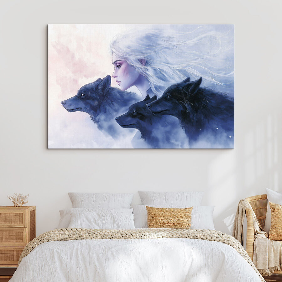 Femme aux cheveux blancs et loups