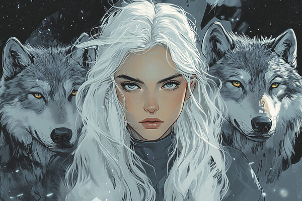 Femme aux cheveux blancs avec un loup derrière elle Femme aux cheveux blancs avec un loup derrière elle