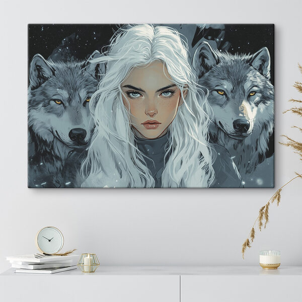 Femme aux cheveux blancs avec un loup derrière elle Femme aux cheveux blancs avec un loup derrière elle