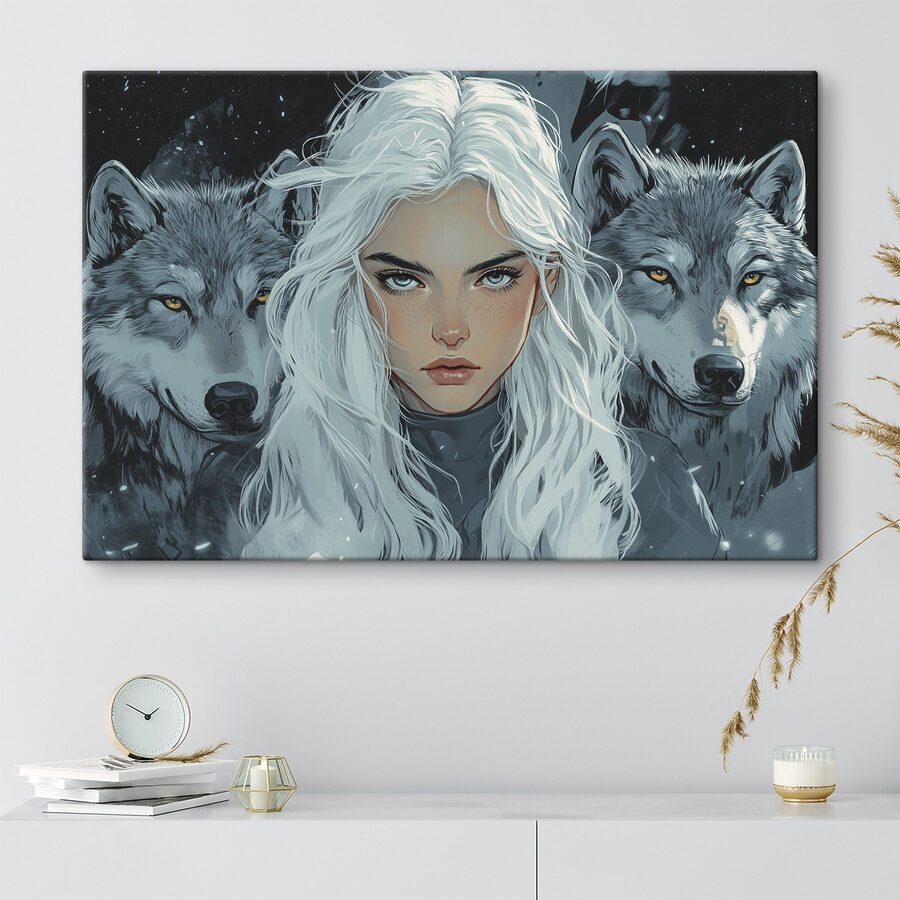 Femme aux cheveux blancs avec un loup derrière elle