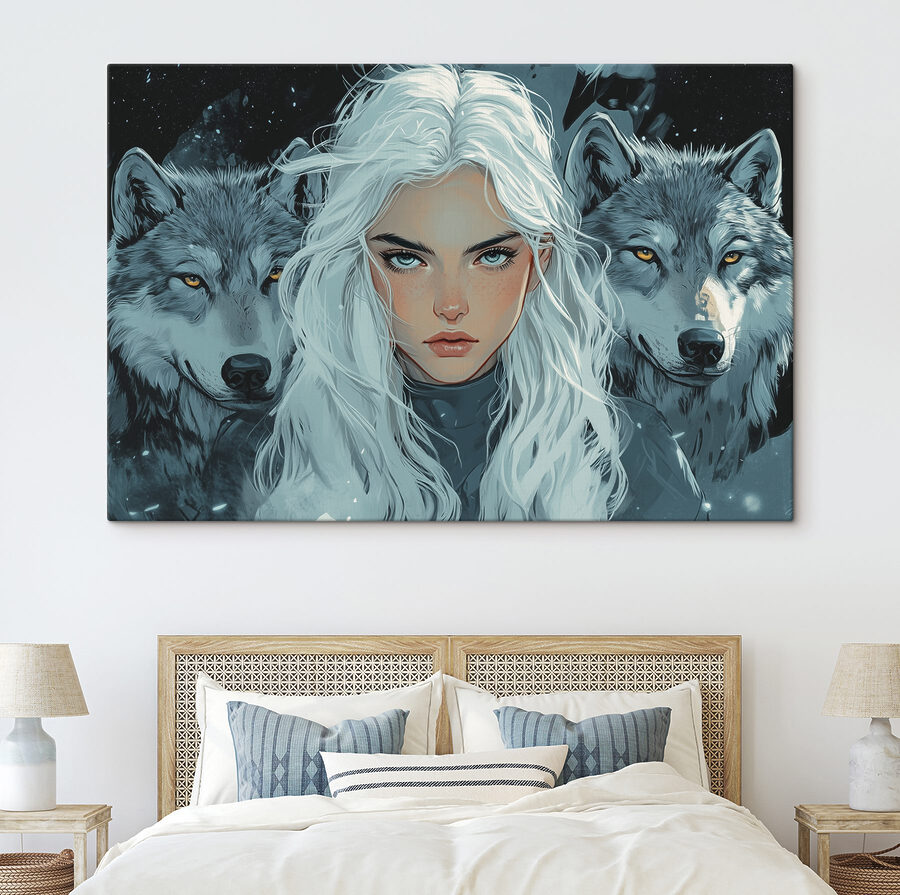 Femme aux cheveux blancs avec un loup derrière elle
