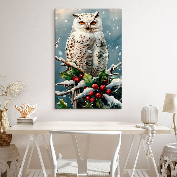 Hibou blanc assis sur une branche avec de la neige et des baies Hibou blanc assis sur une branche avec de la neige et des baies