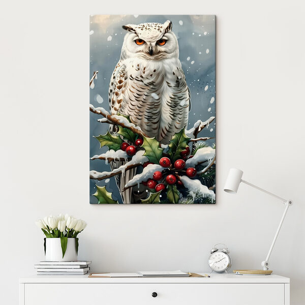 Hibou blanc assis sur une branche avec de la neige et des baies Hibou blanc assis sur une branche avec de la neige et des baies