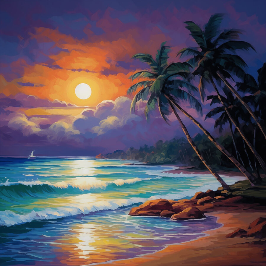 Peinture d'une plage avec des palmiers et des vagues