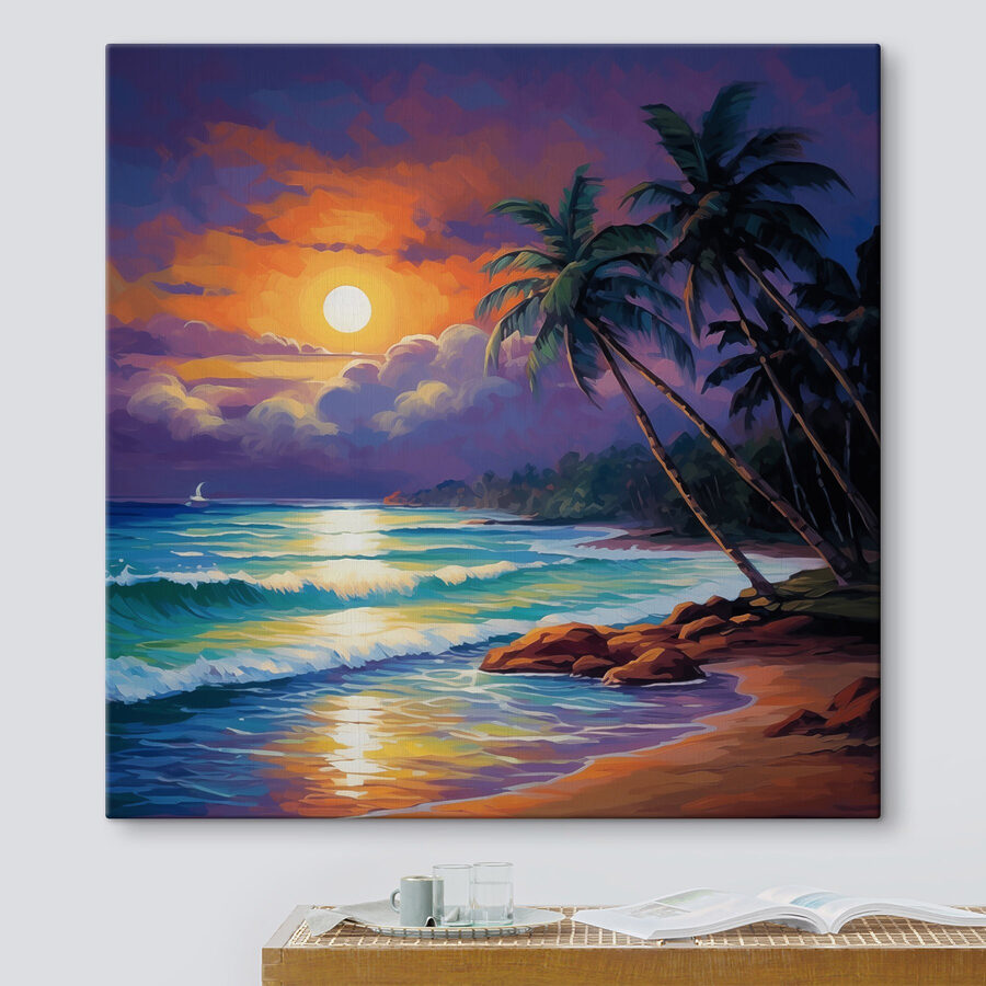 Peinture d'une plage avec des palmiers et des vagues