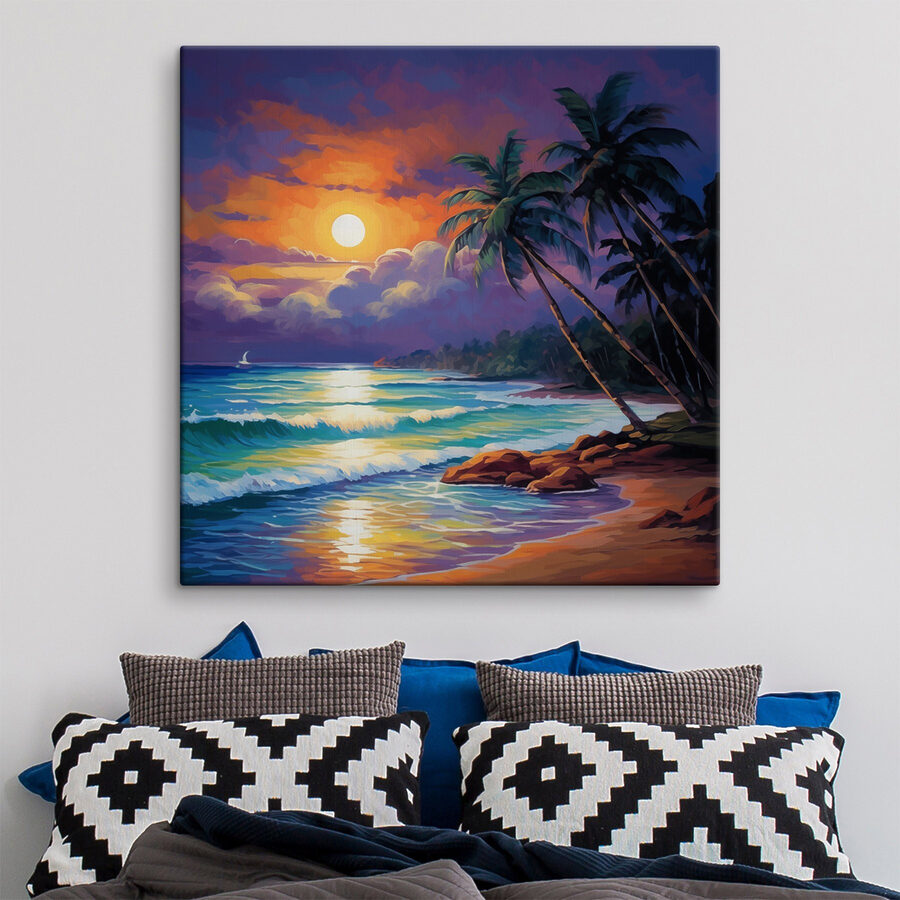 Peinture d'une plage avec des palmiers et des vagues