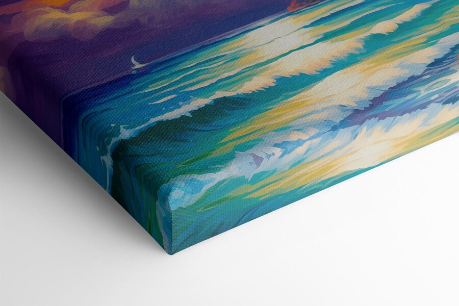 Peinture d'une plage avec des palmiers et des vagues