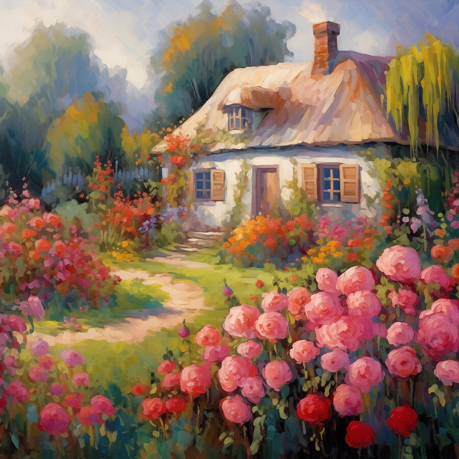 Peinture d'une maison avec des fleurs
