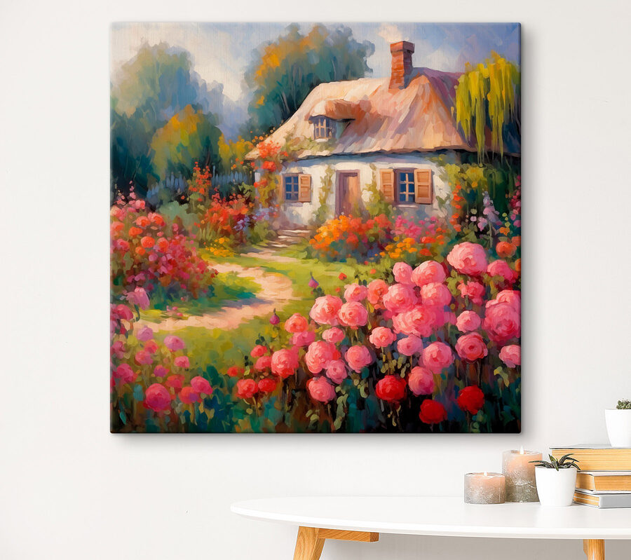 Peinture d'une maison avec des fleurs