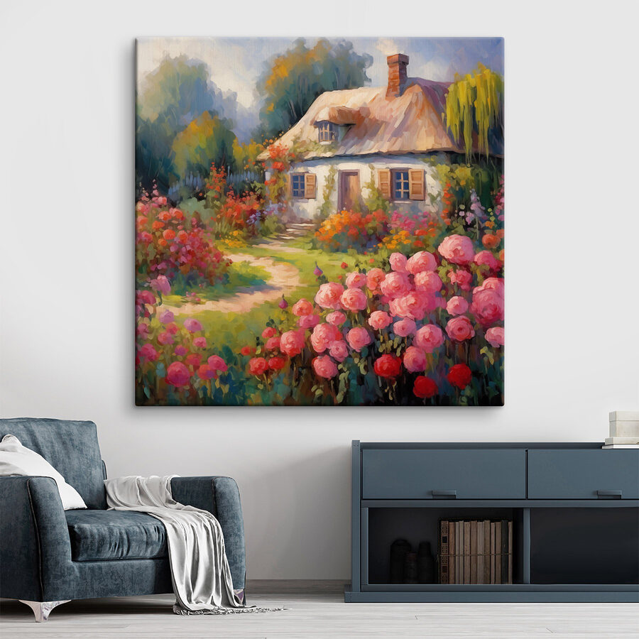 Peinture d'une maison avec des fleurs