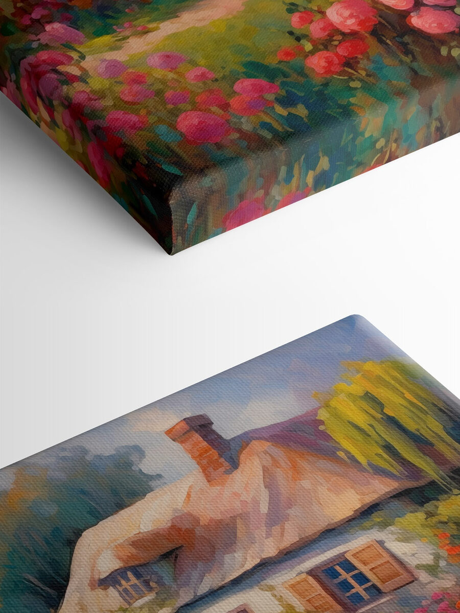 Peinture d'une maison avec des fleurs