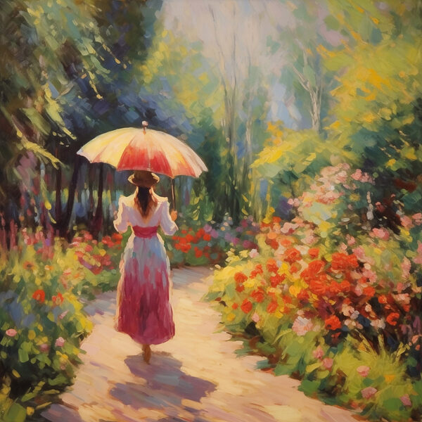 Femme marchant sur un chemin avec un grand parapluie Femme marchant sur un chemin avec un grand parapluie