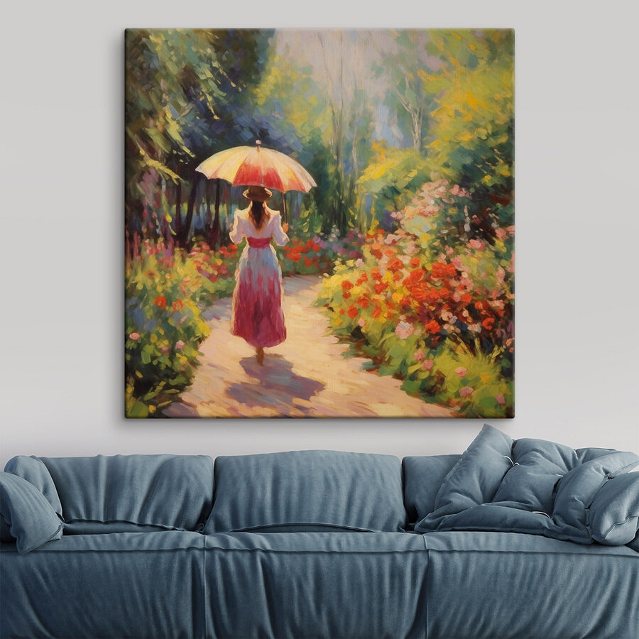 Femme marchant sur un chemin avec un grand parapluie
