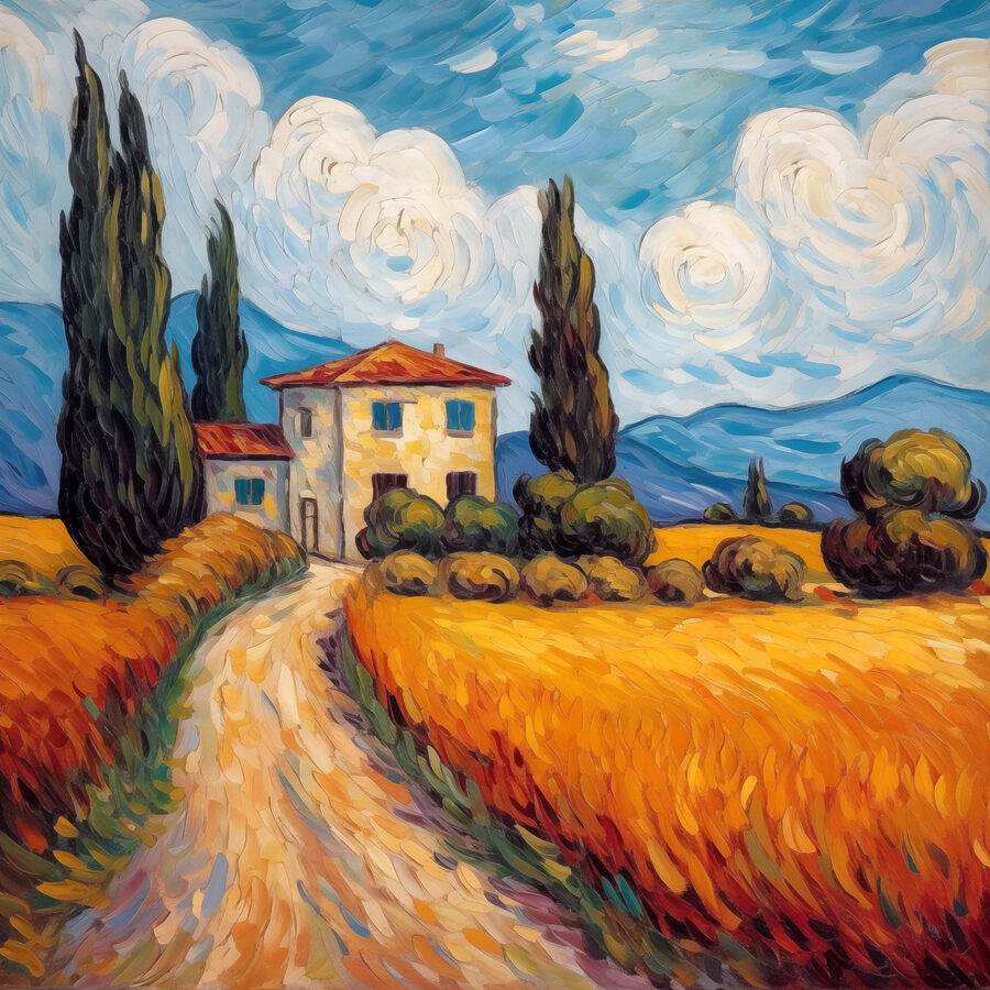Peinture d'une maison dans un champ de blé