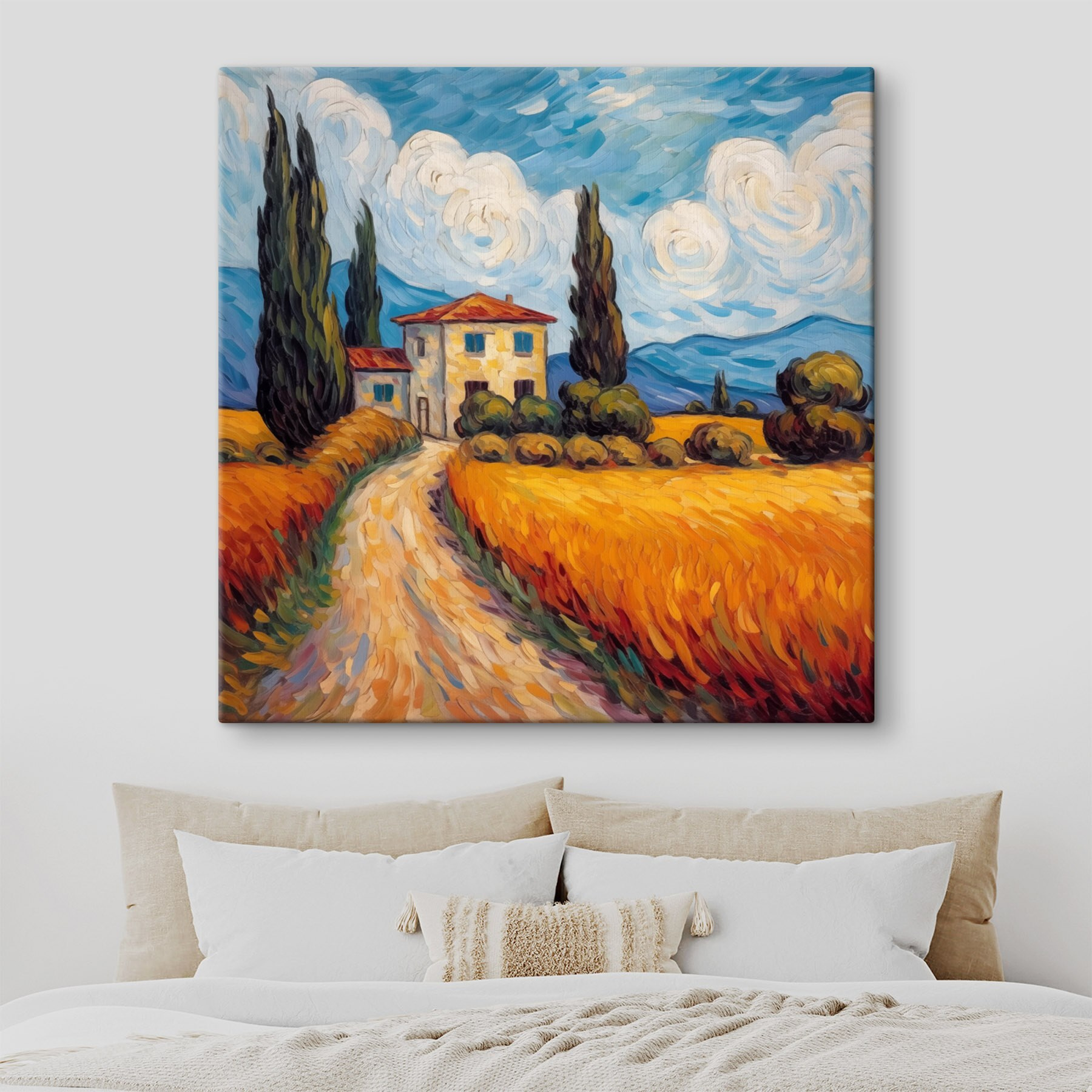Painting of a house in a wheat field
