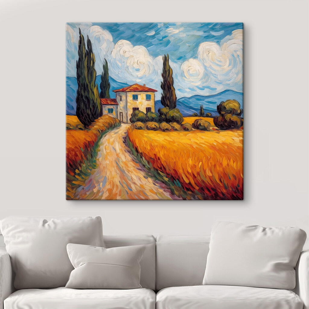 Painting of a house in a wheat field