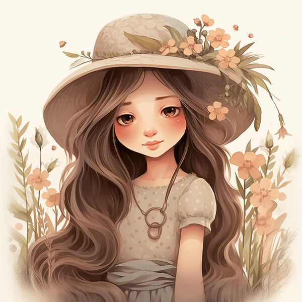 Fille de dessin animé aux cheveux longs portant un chapeau et des fleurs Fille de dessin animé aux cheveux longs portant un chapeau et des fleurs