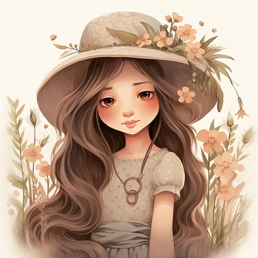 Fille de dessin animé aux cheveux longs portant un chapeau et des fleurs Fille de dessin animé aux cheveux longs portant un chapeau et des fleurs