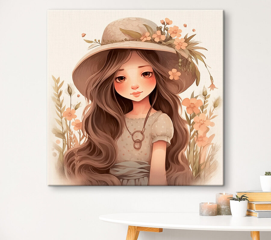 Fille de dessin animé aux cheveux longs portant un chapeau et des fleurs Fille de dessin animé aux cheveux longs portant un chapeau et des fleurs