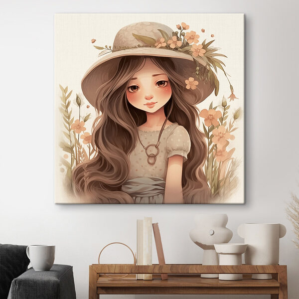 Fille de dessin animé aux cheveux longs portant un chapeau et des fleurs Fille de dessin animé aux cheveux longs portant un chapeau et des fleurs