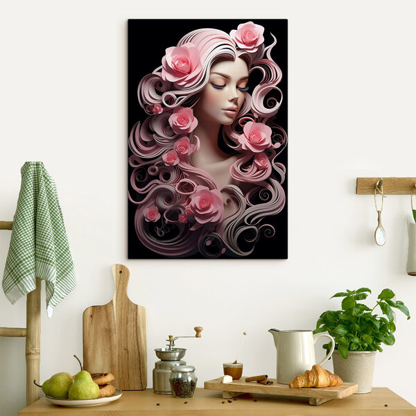 Femme avec des fleurs roses et des cheveux longs Tableaux Femme avec des fleurs roses et des cheveux longs