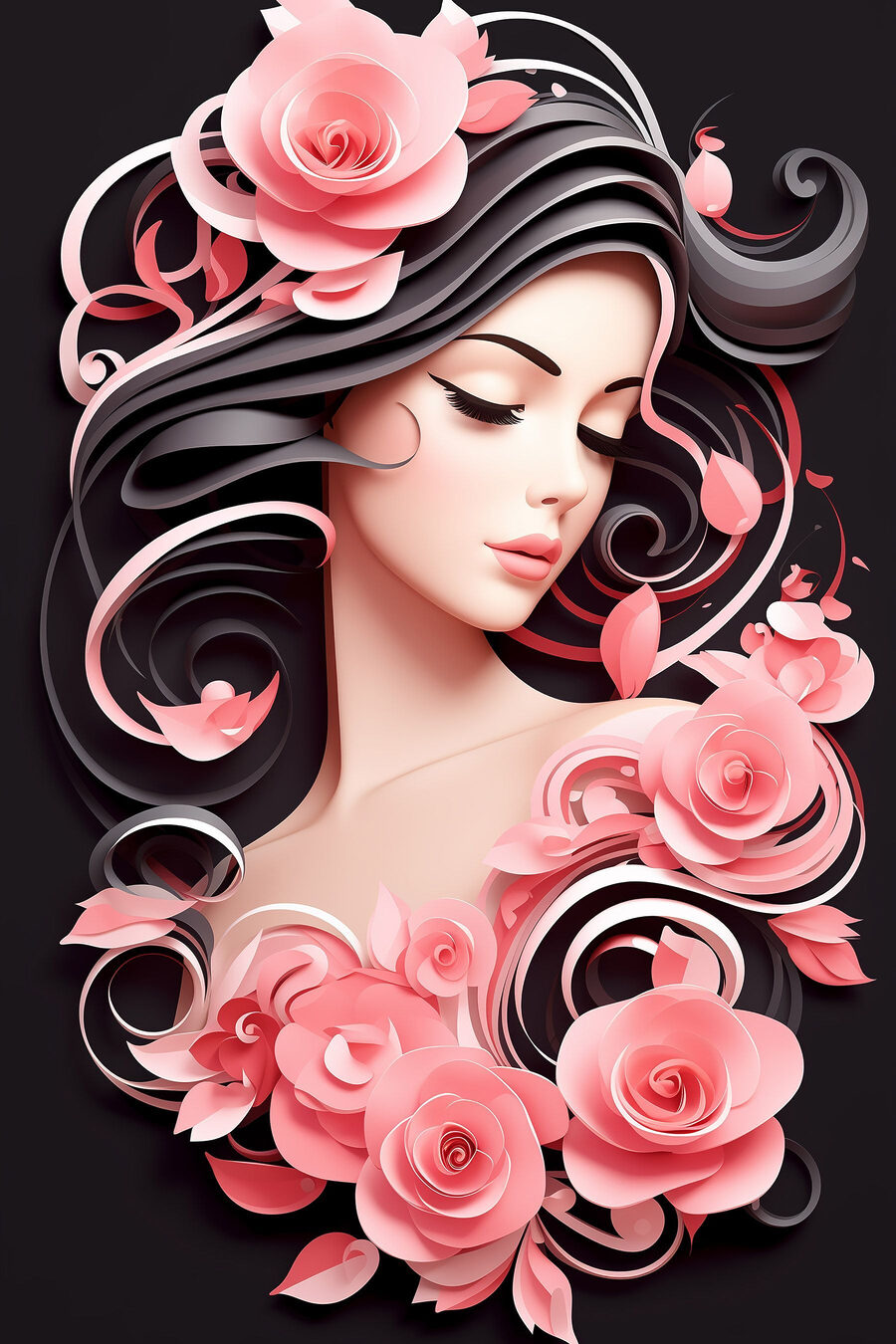Femme aux cheveux longs et aux fleurs roses
