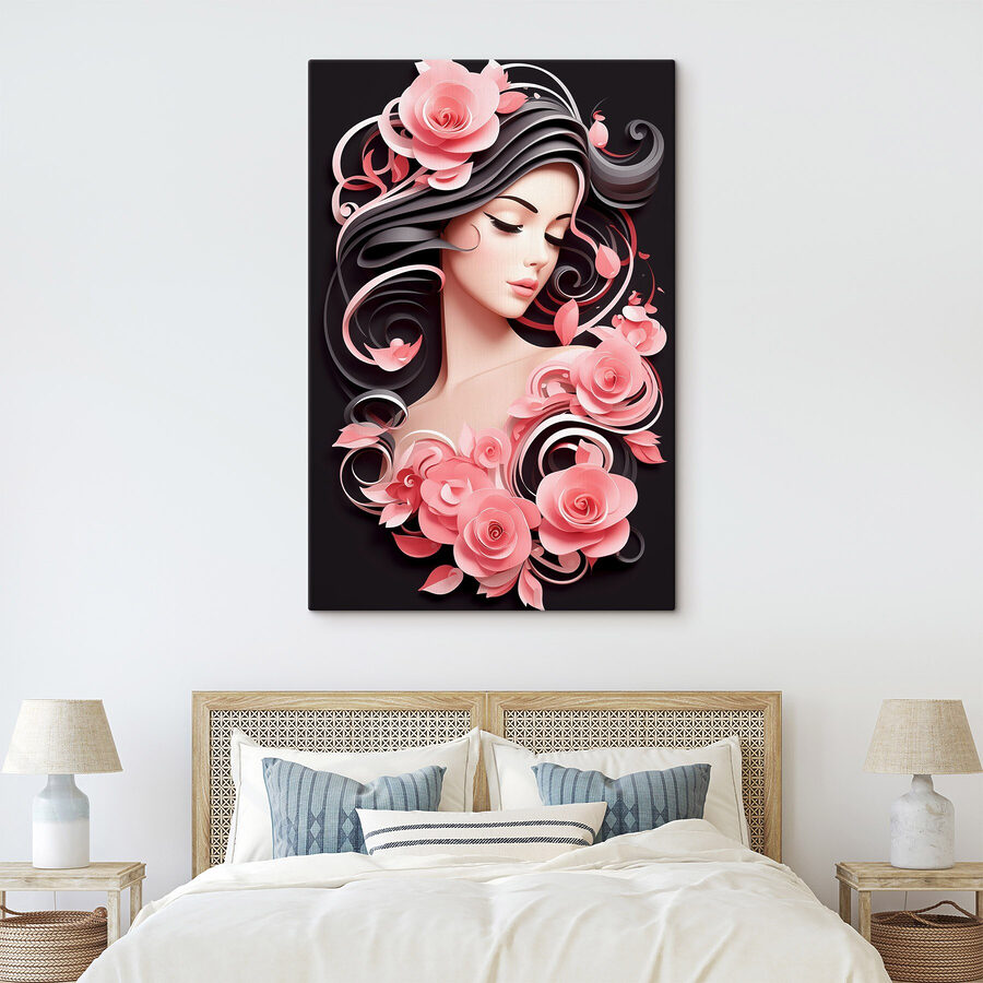 Femme aux cheveux longs et aux fleurs roses