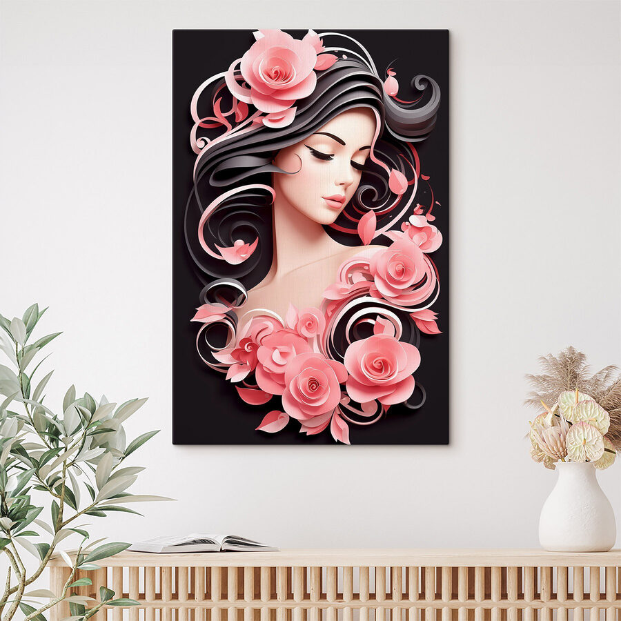 Femme aux cheveux longs et aux fleurs roses