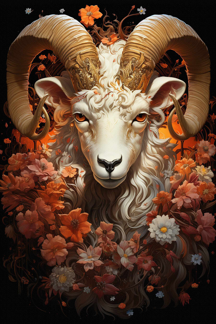 Peinture d'un bélier avec des fleurs Peinture d'un bélier avec des fleurs