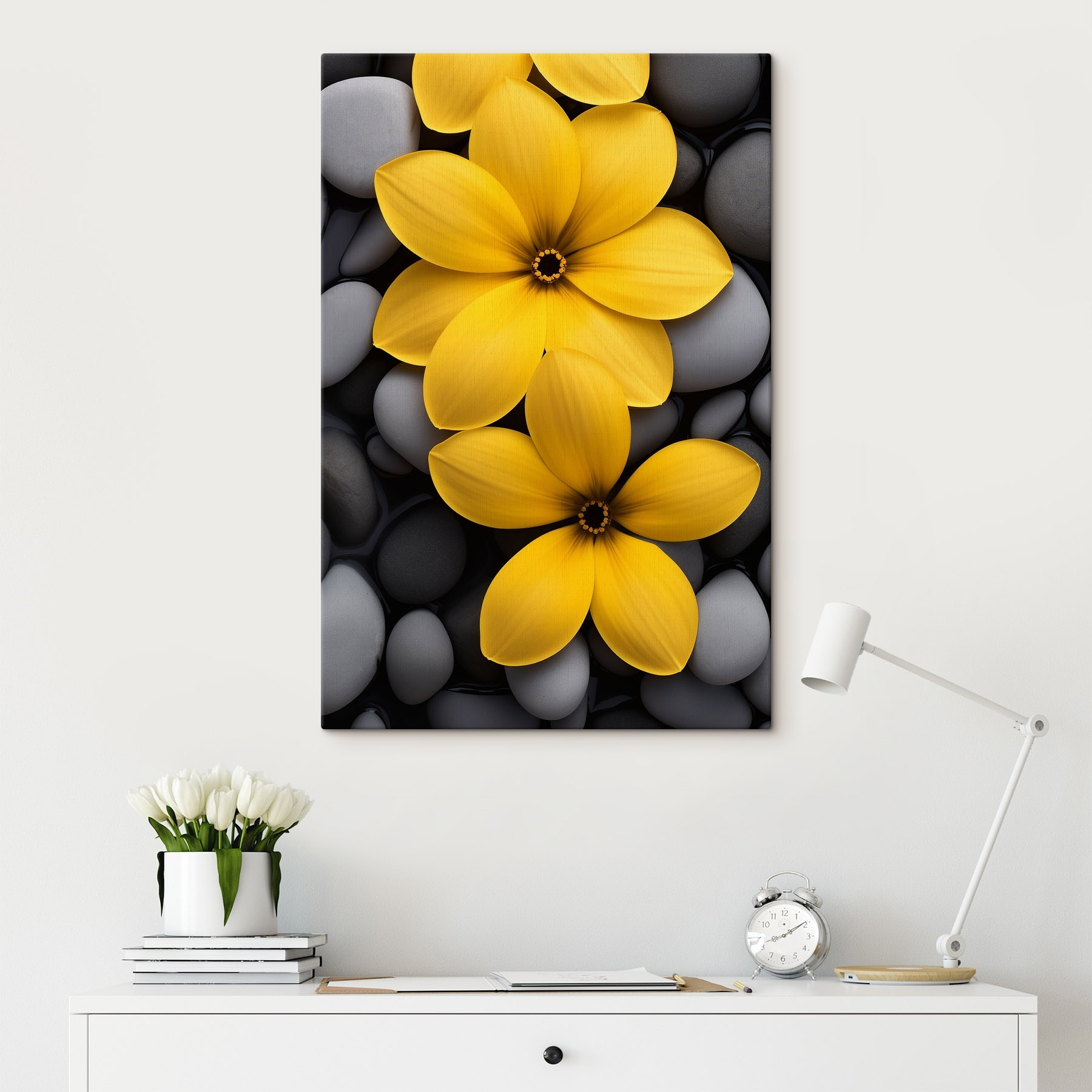 Yellow flowers on a pile of rocks