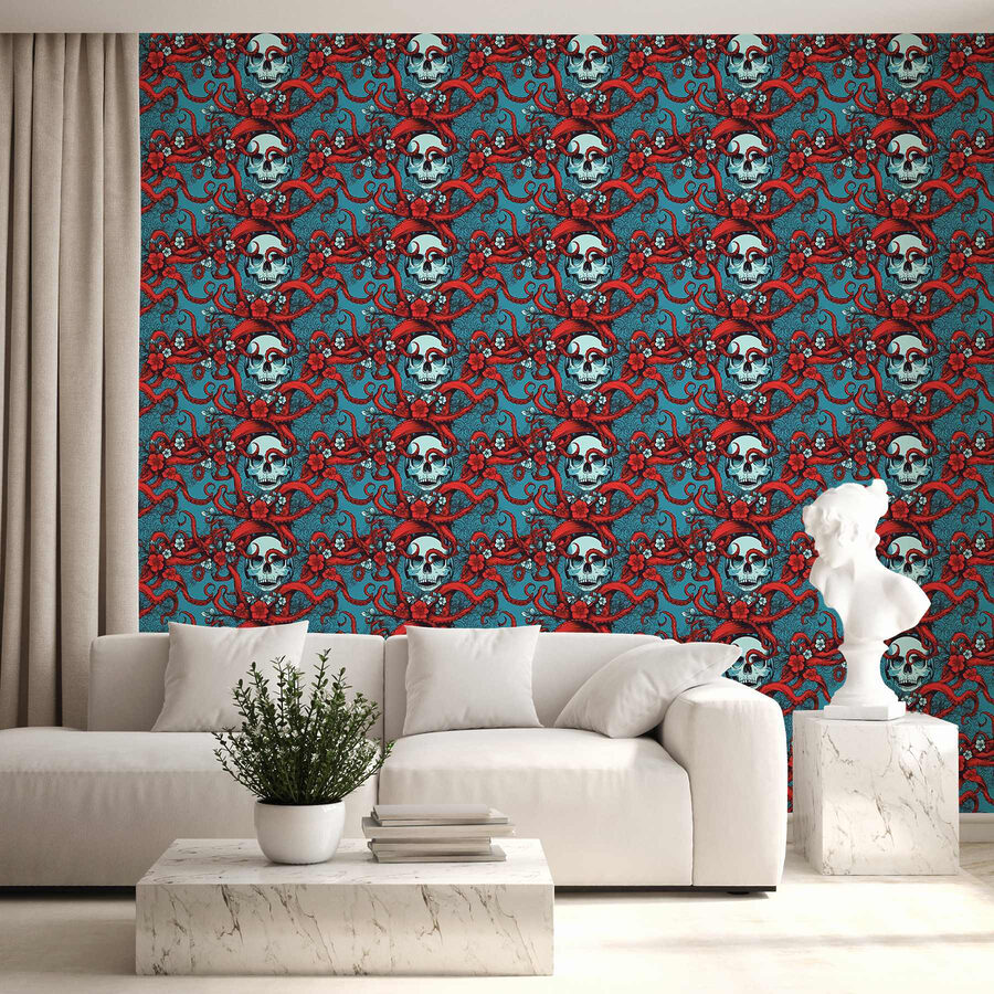Motif de crânes dans des chapeaux rouges
