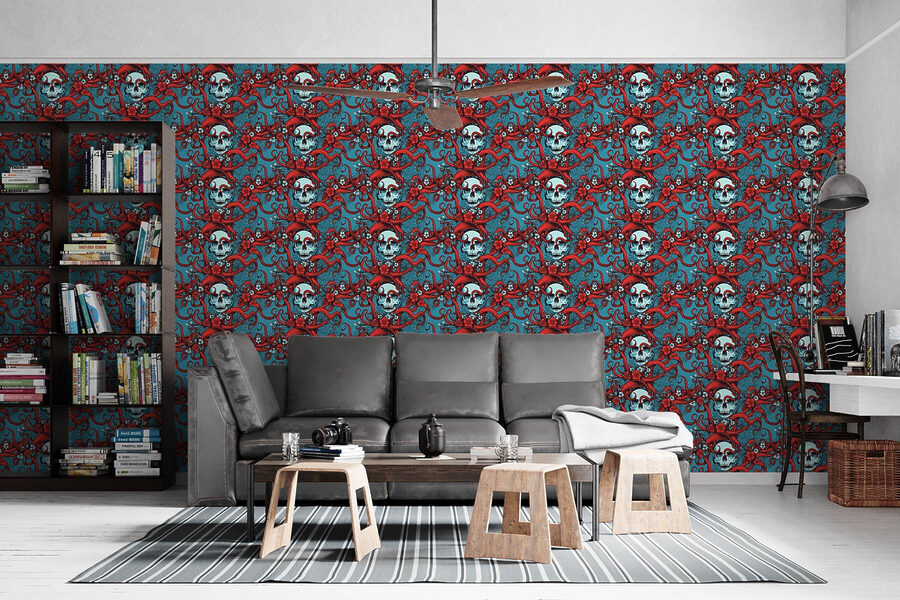 Motif de crânes dans des chapeaux rouges