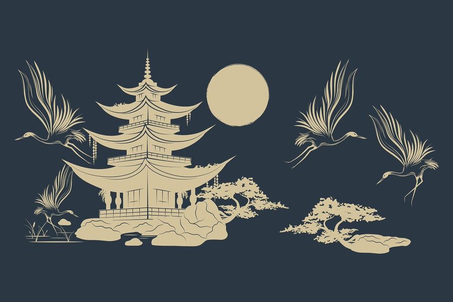 Dessin d'une pagode et de grues