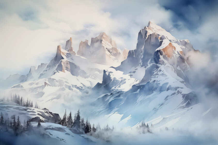 Chaîne de montagnes enneigées avec des arbres Chaîne de montagnes enneigées avec des arbres