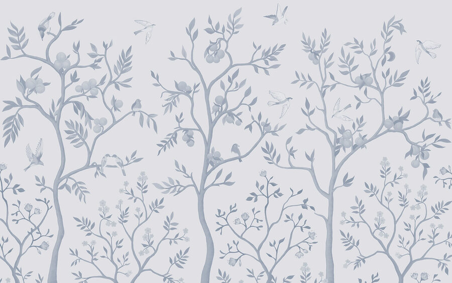 Papier peint avec des oiseaux et des arbres