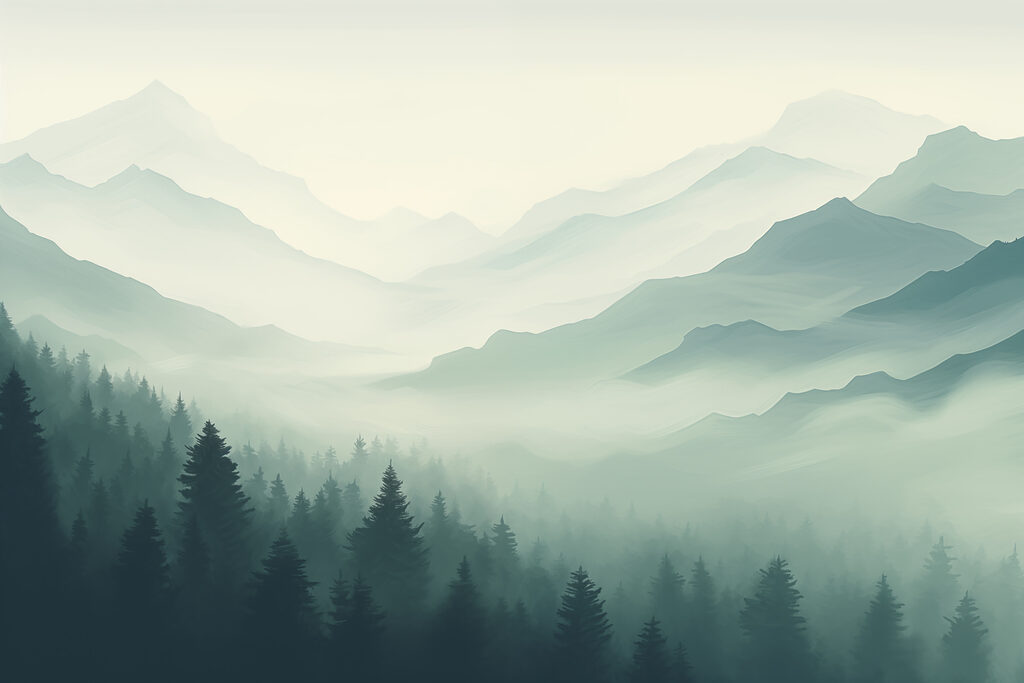 Paysage de montagne brumeux avec des arbres Paysage de montagne brumeux avec des arbres