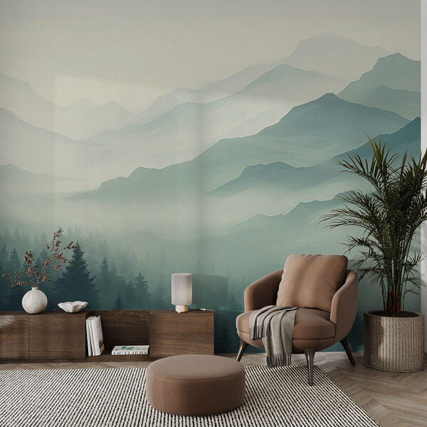 Papier peint Papier peint Paysage de montagne brumeux avec des arbres (UGS : w02186)