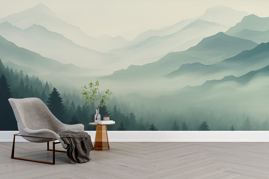 Paysage de montagne brumeux avec des arbres